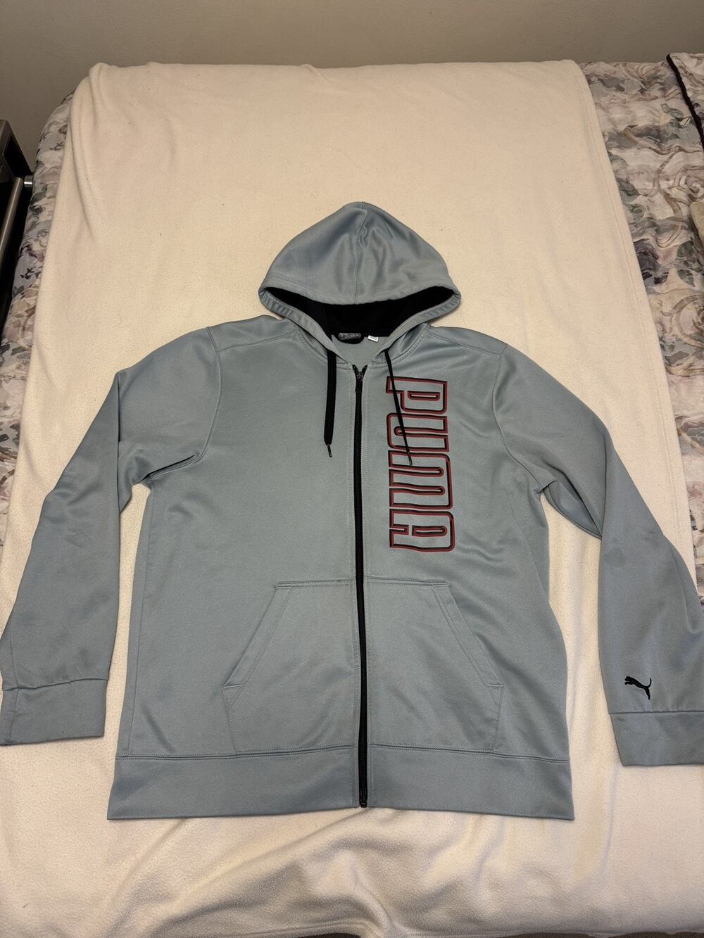 PUMA Mens Large Gray Hooded Sweatshirt Fleece Lined Jacket Activewear Zip Track